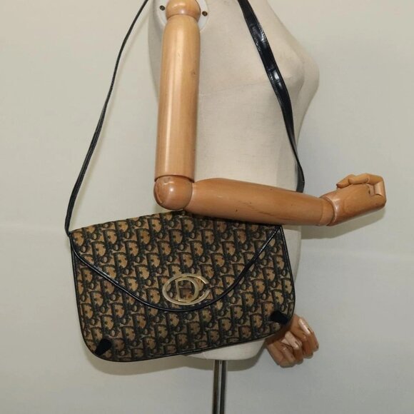 Christian Dior Trotter Canvas Shoulder Bag Navy Gold Auth